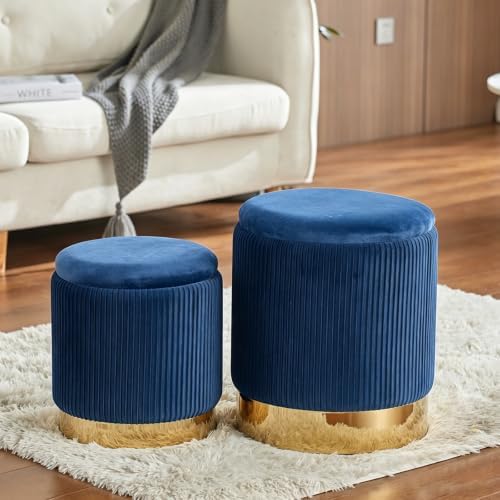 Round Ottoman with Storage Set of 2 Blue Velvet Vanity Stool