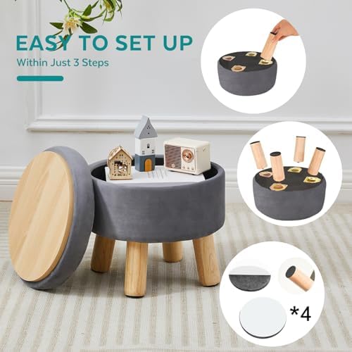 Small Foot Stool Ottoman with Storage, Velvet Ottoman Foot Rest for Couch, Round Footstool with Storage, Small Ottomans and Footstools for Living Room and Entryway (Gray)