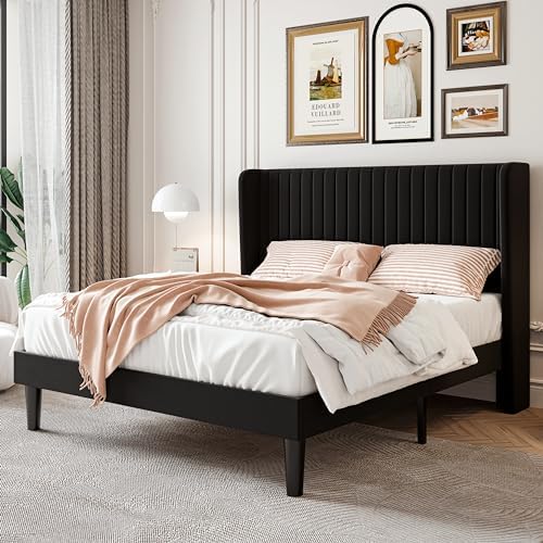 SHA CERLIN Full Size Velvet Bed Frame, Tufted Wingback Headboard, Black