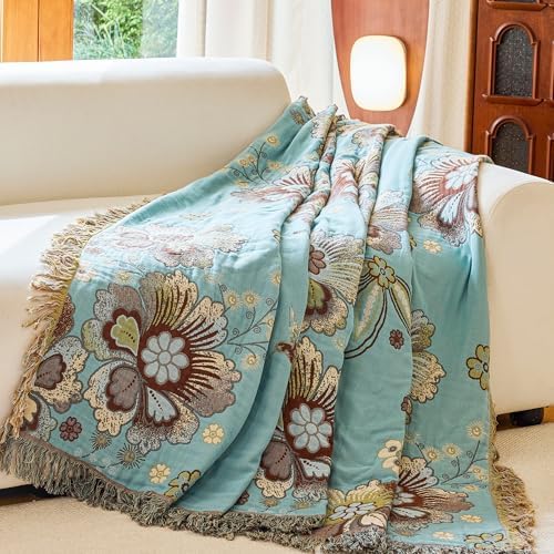 VANJOROY King Boho Throw Blanket 91" x 98", 100% Organic Cotton Breathable Skin-Friendly Ultra Soft Bed Quilt Blue Throw - Floral Rustic Decor Luxury Reversible Blanket for Sofa Couch Chair and Gift