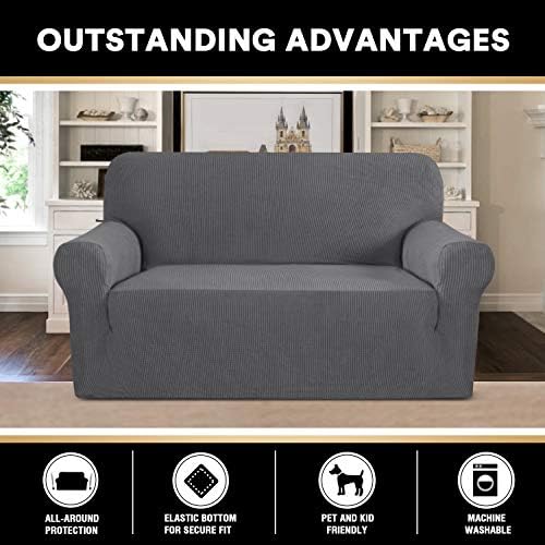 PrinceDeco Stretch Loveseat Sofa Cover Slipcover Couch Cover for 2 Cushion Sofa Washable Sofa Cover for Pets Friendly Furniture Protector Covers with Non Slip Bottom(Loveseat, Gray)