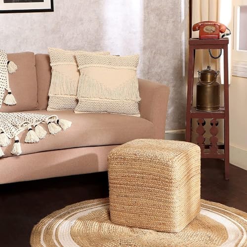· REDEARTH · Cube Pouf Ottoman - Classic Jute Poof - Natural, Set of 2