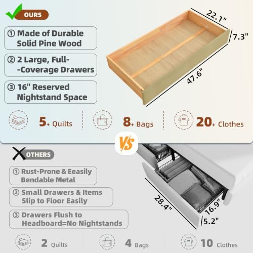 Queen Size Bed Frame with Storage & Built-in Nightstands & Drawers, Stone