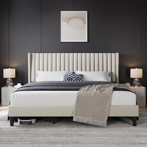 Yaheetech King Bed Frame with Headboard, Ivory Channel-Tufted Platform