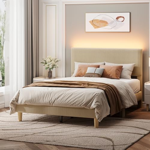 Bestier Full Size Bed Frame with Adjustable Headboard,LED Light,Taupe