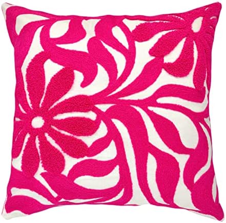 Alysheer Farmhouse Floral Leaves Embroidered Decorative Throw Pillow Cover 18x18 inches, Boho Tufted Flowers Embroidery Pattern Chic Cotton Cushion Case for Couch Bed Sofa Living Room(Bright Hot Pink)