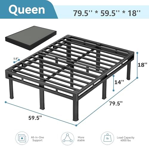18" Queen All-in-One Box Spring, Metal Mattress Foundation with 9 Legs