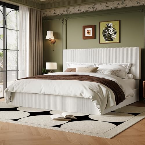 Allewie King Bed Frame, Adjustable Corduroy Headboard, Platform, White