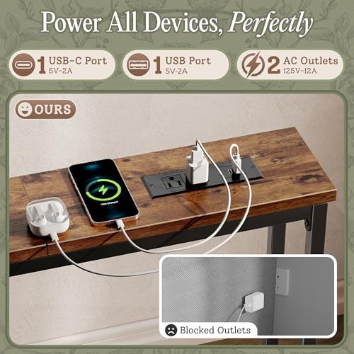 Huuger 129.9 Inch Behind Couch Table with 2 Power Outlets and USB-C Ports, Extra Long Narrow Sofa Table for Sectional Sofa, Skinny Console Table with Anti-Bump Pads, for Living Room, Rustic Brown