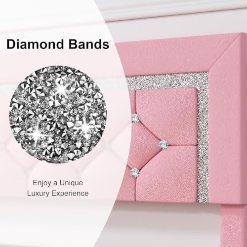 King Bed Frame with Diamond Headboard, Upholstered Platform Bed, Pink