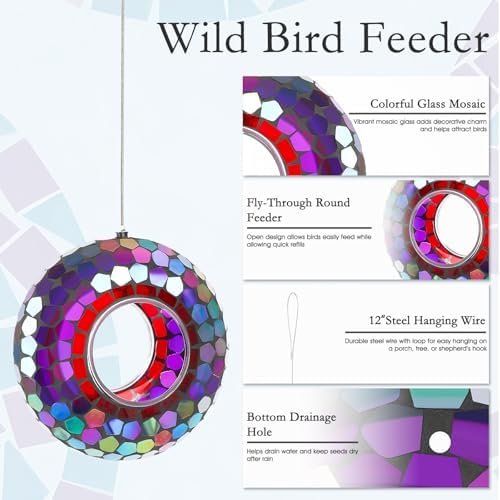 6 Inch Mosaic Glass Fly Through Bird Feeder for Outdoors, Purple
