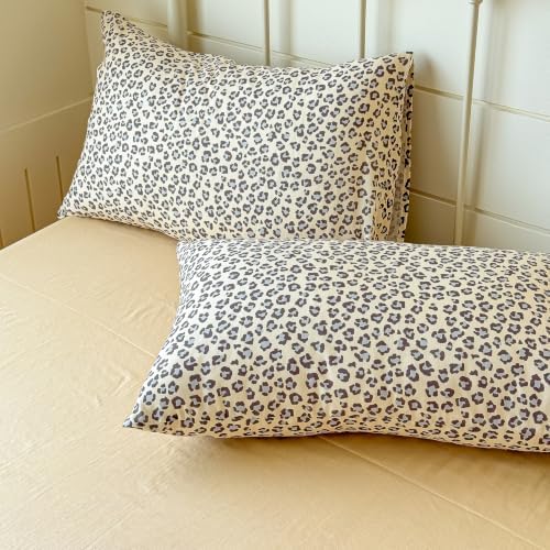 mixinni Muted Retro Leopard Print Duvet Cover Set King Size, 3PCS Cute Sexy Cheetah Bedding, 100% Cotton Double Gauze Soft Aesthetic Cream Vintage Bedding Set with 2 Pillowcases for Girls Women