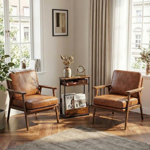 YEAKOO Narrow Side Table,3-Tier End Table with Storage Shelf,Modern Sofa Table Thin Side Table for Narrow and Small Spaces, Skinny Bedside Table Small Nightstand with Magazine Rack Space Saving/Brown