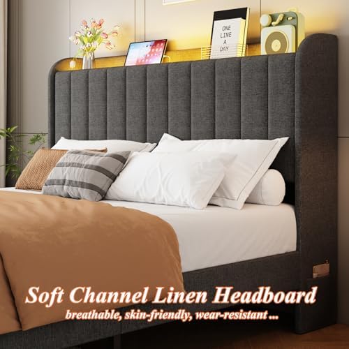 Full Size Bed Frames with Storage Headboard and 2 Drawers, Upholstered Platform Bed Frame Full with Led Lights and Handy Charging Station, No Box Spring Needed, Easy Assembly, Noise Free, Gray