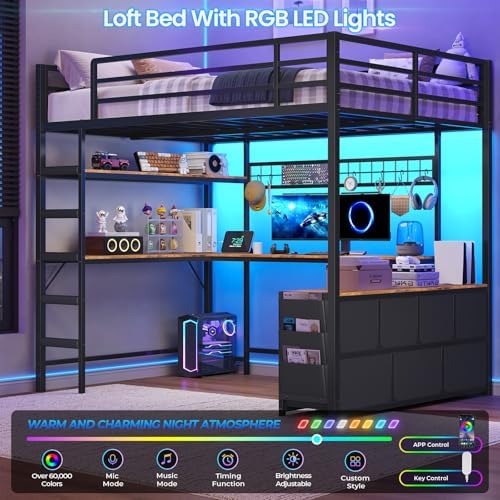 DICTAC Full Loft Bed with U-Shaped Desk,7 Storage Drawers and Charging Station,Metal Full Size Loft Bed with Led Lights and 2-Tier Storage Shelves,Teen loft Beds with Safety Guardrail & Stairs,Black