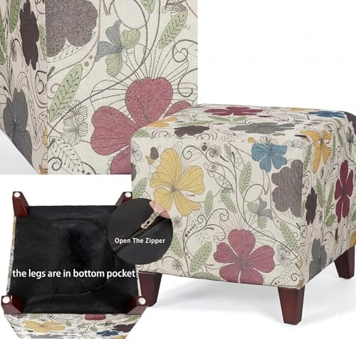 Joveco 16.3" Square Cube Ottoman Footrest, Modern Floral Linen Fabric Foot Stool with Solid Wood Legs, Decorative Upholstered Shoe Bench for Living Room, Bedroom & Entryway - Colorful Printing