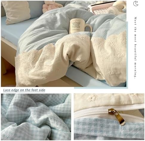 Lace Duvet Cover Set Queen(90"x90"),Blue Gingham
