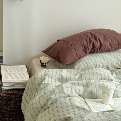 AOJIM Green & Russet‑Red Striped Duvet Cover Twin XL 3Pcs Vintage Bedding