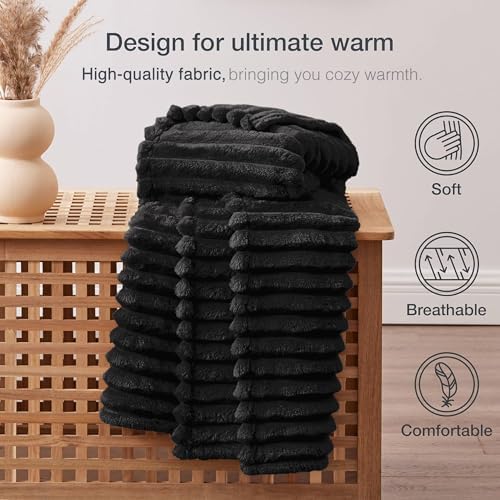 EXQ Home Stripe Twin Size Throw Blanket Black for Couch Gentle Soft Fleece