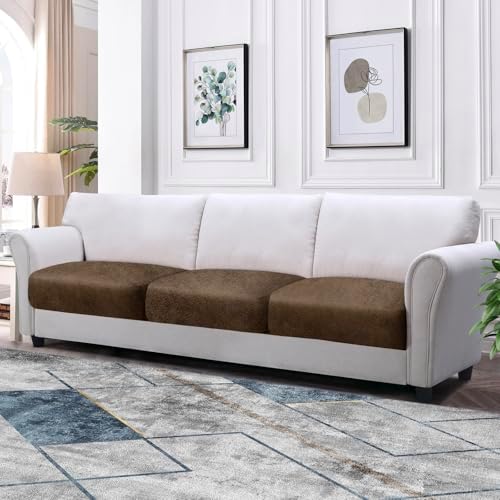 Couch Cushion Covers Leather-Look 3PC Stretch Sofa Seat Slipcover Sets for Living Room Individual Sofa Cushion Cover Couch Seat Protectors, Pet-Friendly, Non-Slip, Easy Fit - Light Brown