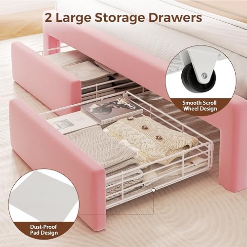 Kids LED Bed Frame with Storage Headboard & 2 Storage Drawers (Full&Pink)