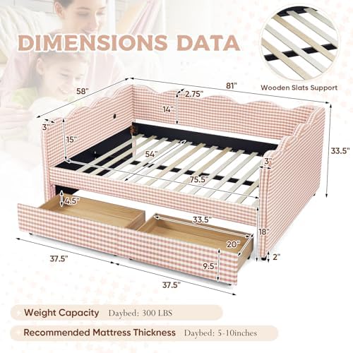 Full Size Daybed with Storage Drawers, Linen Gingham Daybed with USB Ports & Wave Shaped, Upholstered Day Bed Frame, Modern Sofa Bed for Living Room/Bedroom/Guest Room, No Box Spring Needed, Pink