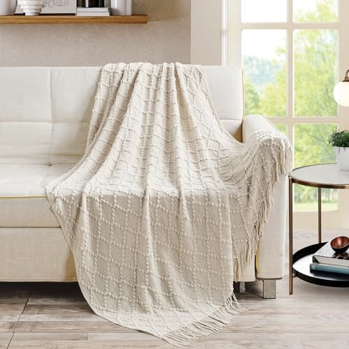 BOURINA Beige Throw Blanket 50 x70 Inch Jacquard Throw Knitted Blanket