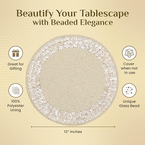 ALPHA Living HOME Ivory Beaded Placemat 13 Inch Round Glass Bead Dining Mat