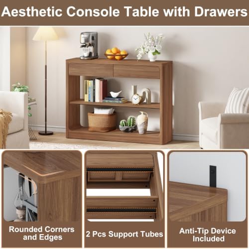 FATORRI Console Table with 2 Drawers, 43.3 Inch Farmhouse Narrow Entryway Table with Storage Shelves, Rustic Sofa Tables Behind the Couch for Hallway, Living Room, Foyer (Walnut)