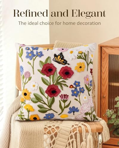 Embroidered Throw Pillow Cover 18x18 Inch, Retro Flower
