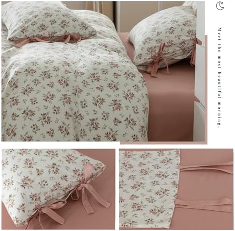 Peach Flower Bedding Set King Chic Girls Floral Duvet Cover with Zipper Closure 100% Cotton Blush Pink Comforter Cover Set(3 pcs,104x90)
