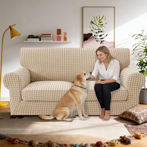 MAXIJIN 3 Pieces Stretch Couch Covers for 2 Cushion Couch Washable Sofa Cover with 2 Extra Large Seat Soft Loveseat Sofa Slipcovers with Non Slip Strap (Khaki), 71"-91"(2 XL Cushions)