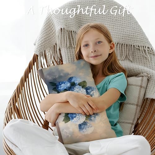 Blue Chinoiserie Hydrangea Floral Lumbar Pillow Cover 12x20 Double-Sided, Grandmillennial Decor, Vintage Farmhouse Spring Flower Decorative Throw Pillow Cover for Living Room Home Bedroom