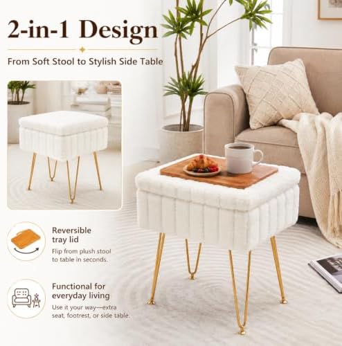 16.5" Faux Mink Fur Storage Ottoman Soft Footstool Vanity Chair Metal Legs