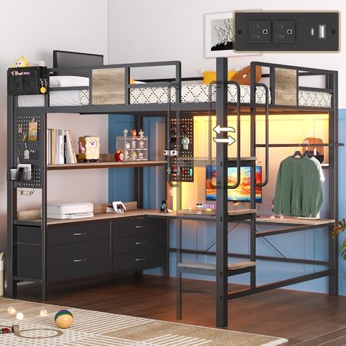 Full Loft Bed with Desk and 5 Storage Drawers, Oak Gray