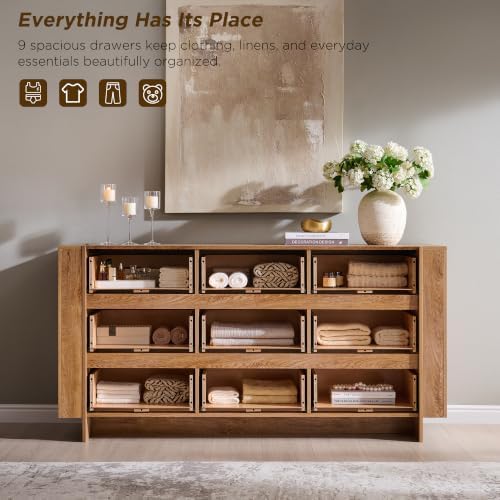 OKD 63" Modern 9 Drawer Dresser for Bedroom, 20" Depth for More Storage