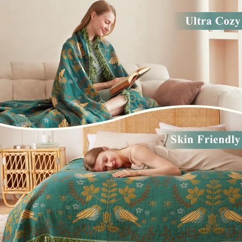 Boho Throw Blanket King Size for Bed, 100% Cotton Lightweight Fall