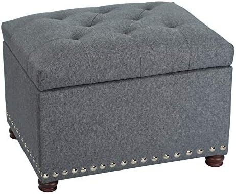 Adeco Classy Linen Blend Fabric Accents Rectangular Storage Bench Ottoman Footstool, Footrest Side Table for Living Room Bedroom, Gray
