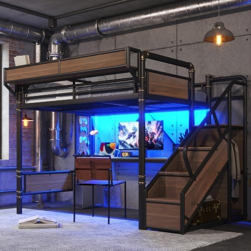 Bellemave Full Metal Loft Bed with Stairs and Desk for Kids,Adults,Black
