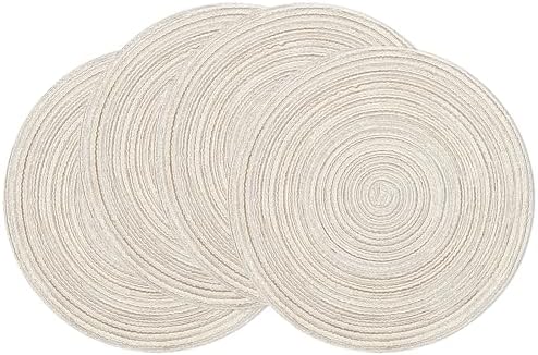 SHACOS Round Braided Placemats Set of 4 Washable Table Placemats Cotton Polyester Place Mats 15 inch Circle Table Mats for Holiday Party (Ivory, 4)