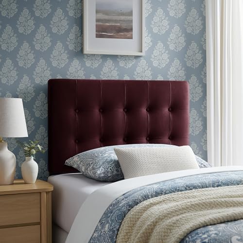 Modway Emily Twin Size Performance Velvet Headboard in Mulberry - Stain-Resistant Velvet Upholstery with Button Tufting and 7 Adjustable Height Positions