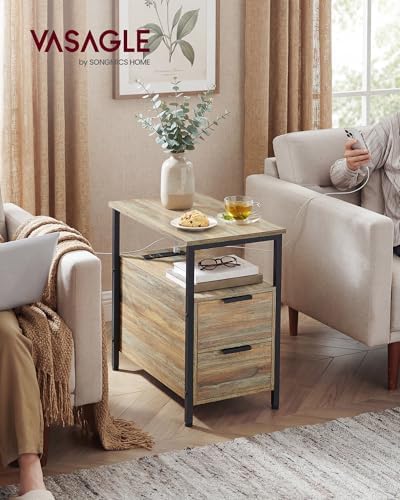 VASAGLE Side End Table with Charging Station, Slim Nightstand with Storage