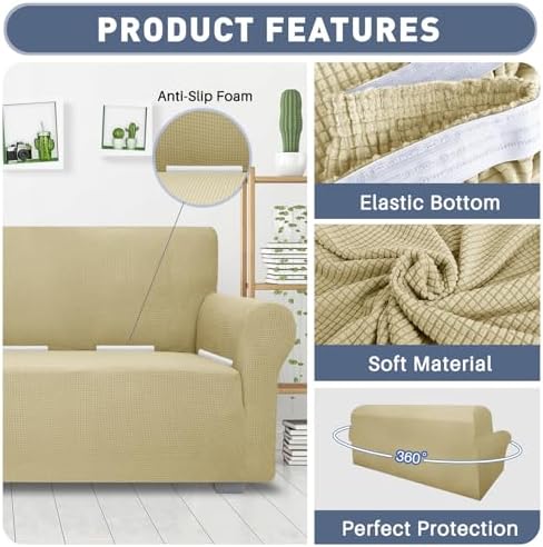 JIVINER High Stretch Loveseat Sofa Slipcovers 1-Piece Jacquard Couch Covers for 2 Cushion Couch Furniture Protector Washable Sofa Covers for Kids Pets Small Checks (Loveseat, Champagne)
