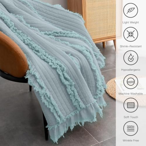 Ultra Soft Pre-Washed Quilted Boho Blue Twin Size Blankets for Bed, Ruffle Fringed Decorative Throw, Stone Washed Chic Rustic Blanket for Sofa Couch Bed, 60"*80"