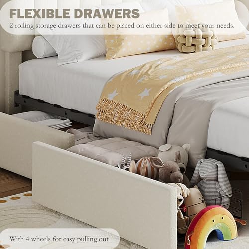 IDEALHOUSE Twin XL Bed Frame for Kids, Boucle Upholstered Platform Bed for Boys/Girls with 2 Flexible Drawers, Bookcase Headboard, Noise-Free, Easy Assembly, No Box Spring Needed, Beige