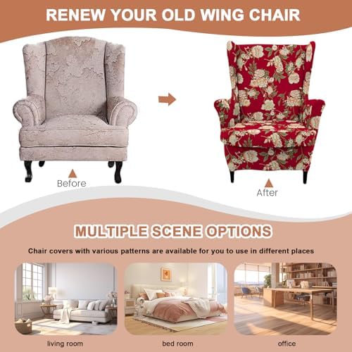 HAOYONG 2 Piece Wingback Chair Covers Stretch Wing Chair Slipcover Printed Wing Back Chair Covers with Arms Washable Spandex Fabric Armchair Cover Protection Furniture for Living Room and Bedroom