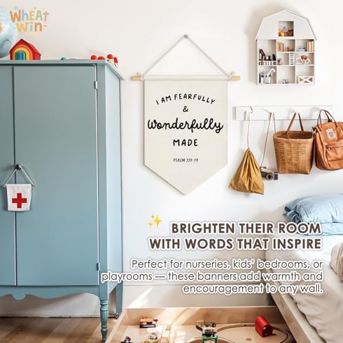 Wheatwin Christian Nursery Decor, I Am Fearfully and Wonderfully Made Wall Hanging Pennant Flag Banner, Bible Verse Wall Decor for Kids Nursery Toddler Room Bedroom Playroom 15x11 Inch