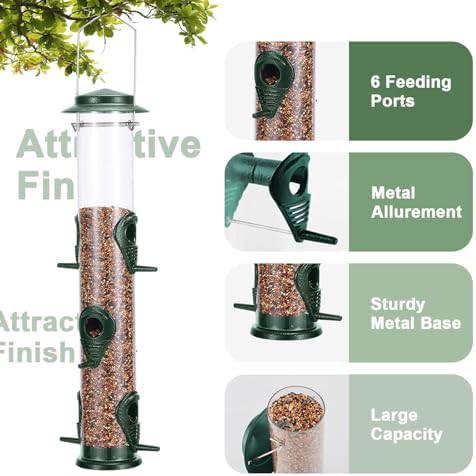 MIXXIDEA 2PK Metal Bird Feeders with 6 Feeding Ports,Tube Bird Feeder with Steel Hanger,Wild Bird Feeder for Outdoors Hanging, Attracting Birds in Your Lawn, Garden, Balcony (Green)