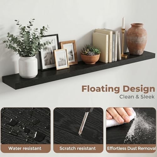 72 Inch Floating Shelves for Wall, 8"D Wood Storage Shelves, Black Finish