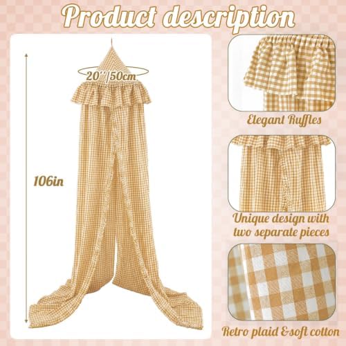 SmoothNovelty Gingham Plaid Bed Canopy, Yellow White, Round